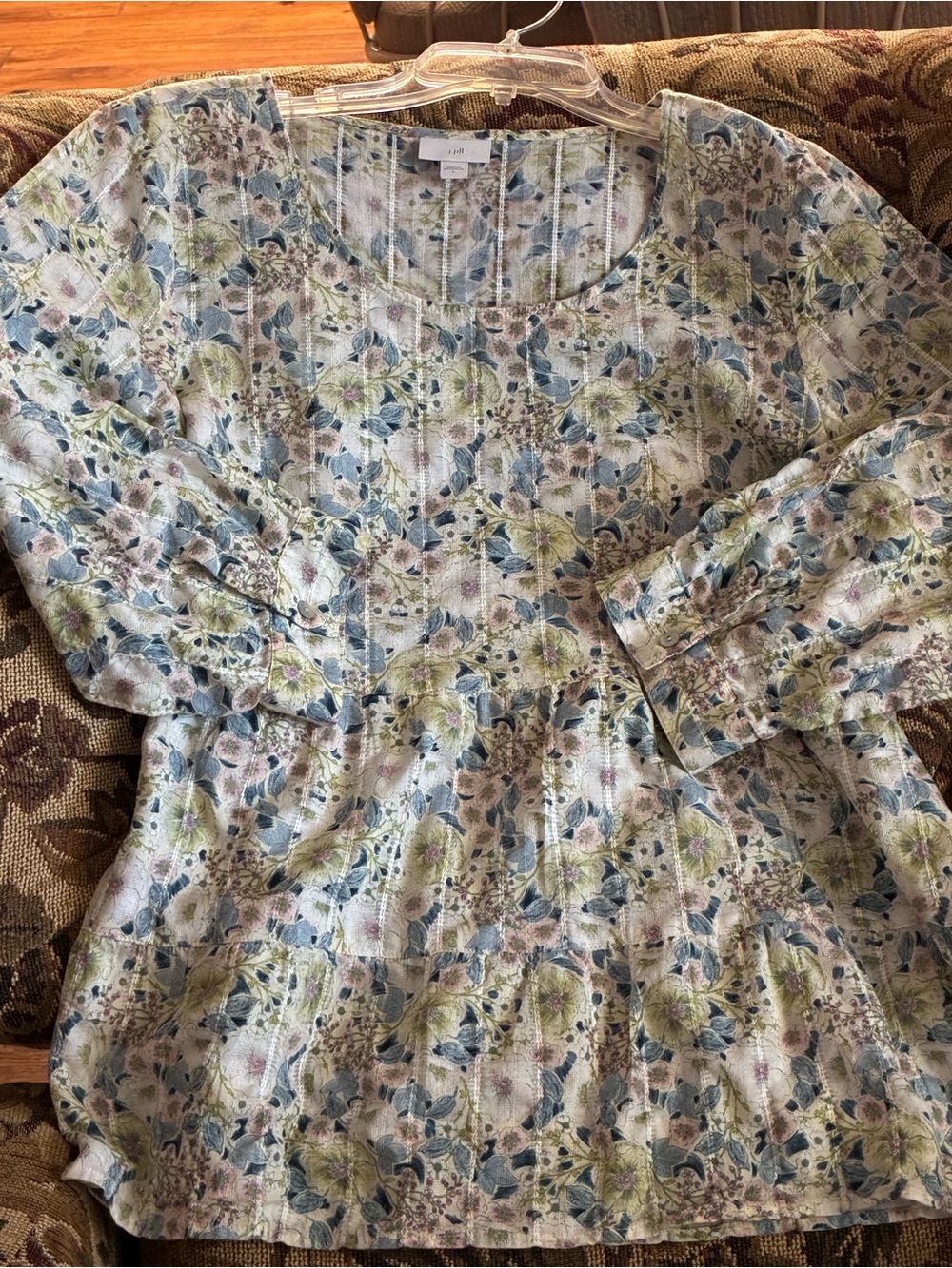 J. Jill tiered peplum top size L white blue floral boat neck textured cotton - Picture 2 of 4